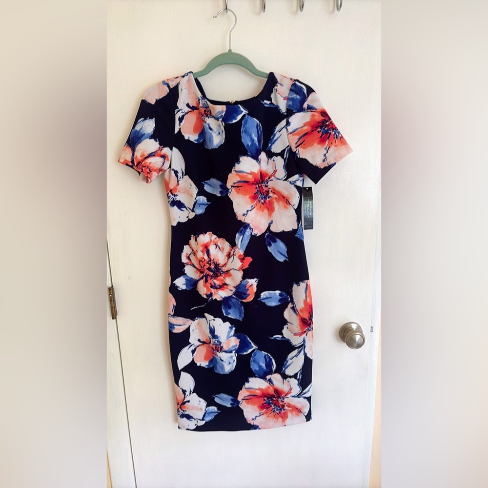 - Tahari Navy Floral Midi Dress